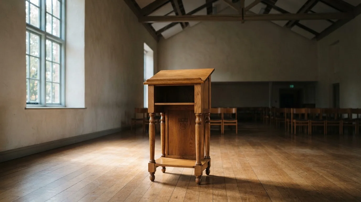 Pusty drewniany pulpit mówcy w sali z wysokim sufitem, oświetlony światłem z bocznego okna.